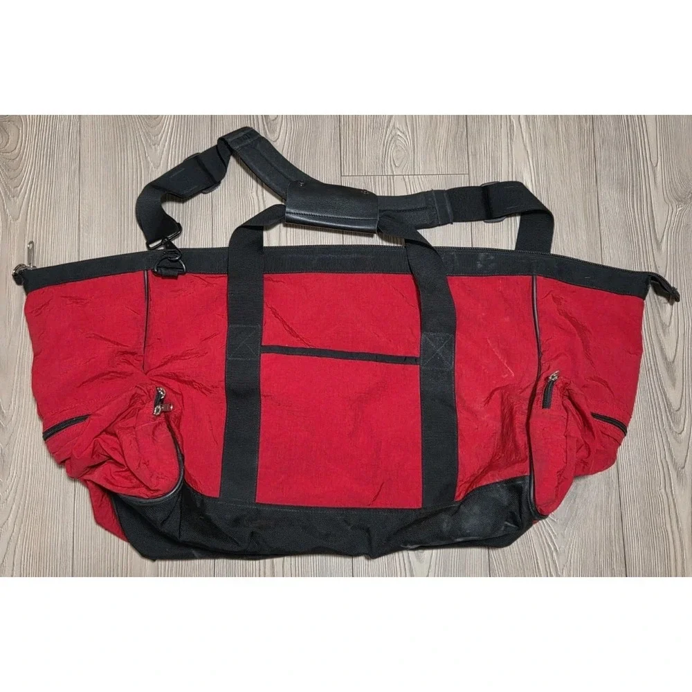 Vintage LL Bean Adventure Duffel Bag Large Luggage Red Black /w Strap Blue Inter